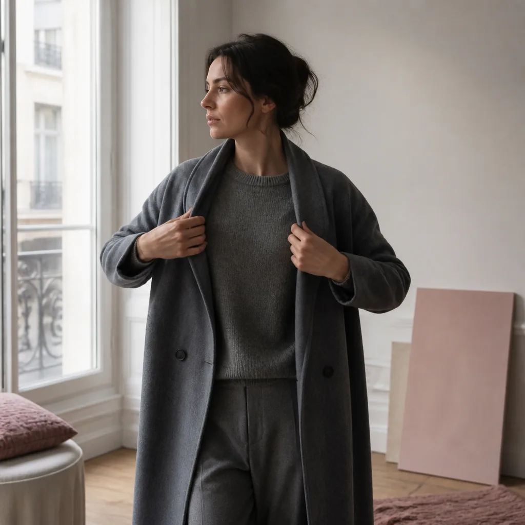 Femme en tenue grise chic ponctuée d'accessoires colorés, posant en ville
