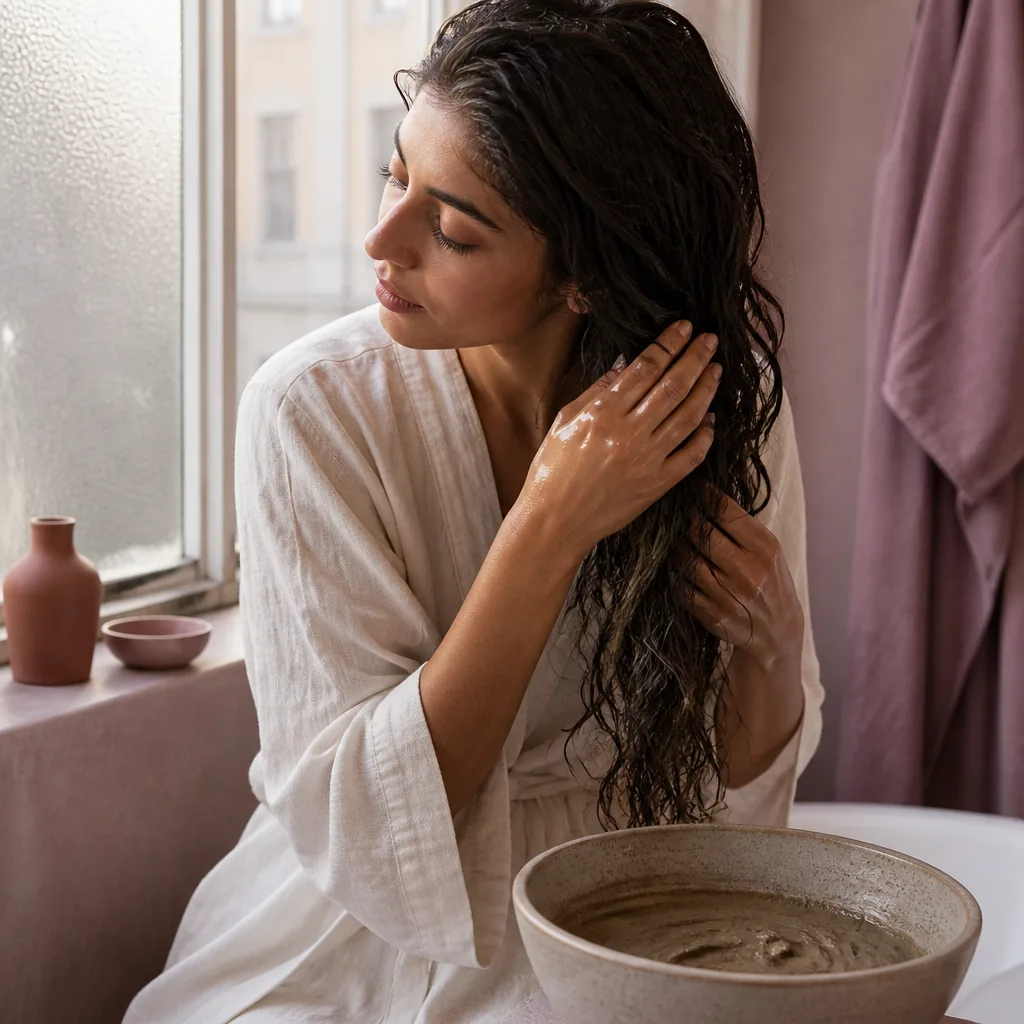 Rituel beauté marocain : application de ghassoul et eau de rose sur le visage