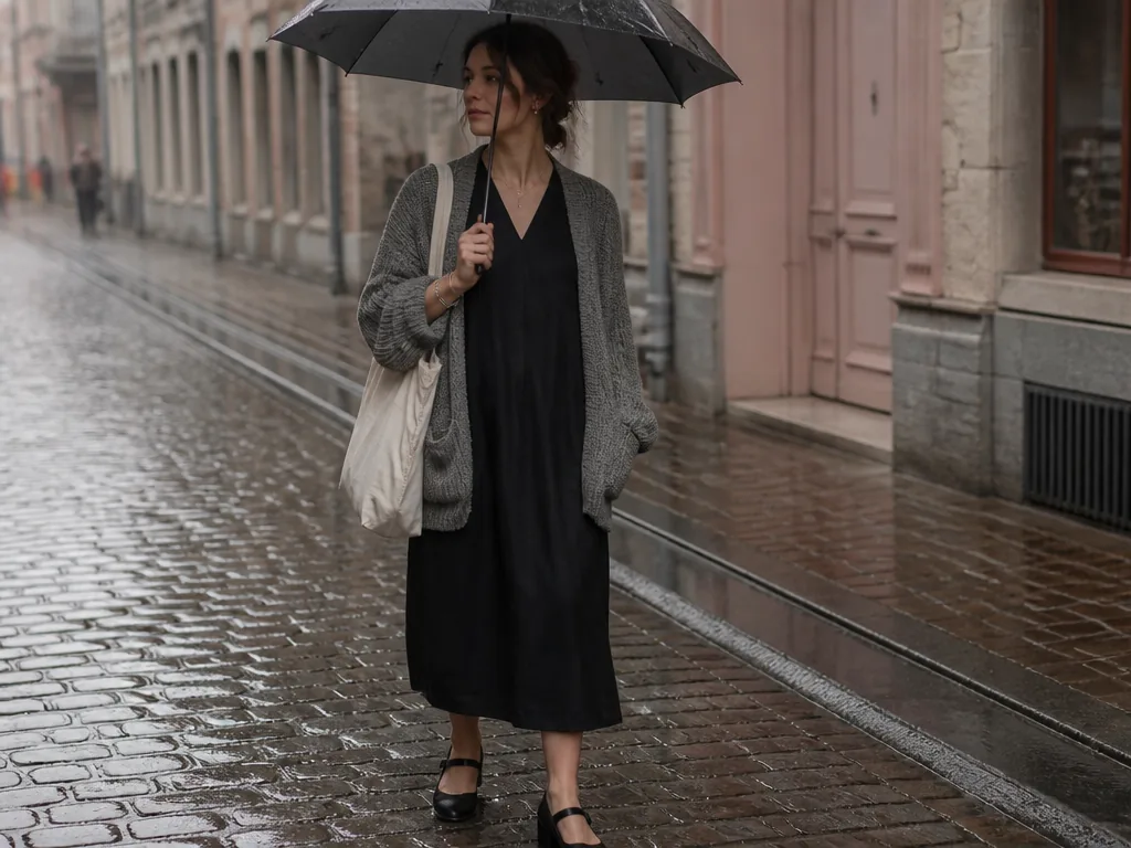 Femme en robe noire ample et gilet gris, posant debout en ville