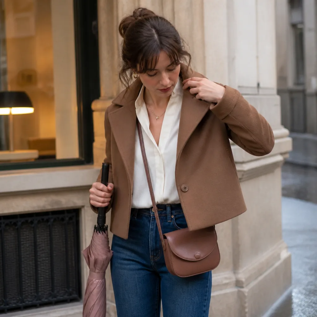 Femme en tenue boohoo mi-saison, jupe midi, pull et bottines, marchant en ville