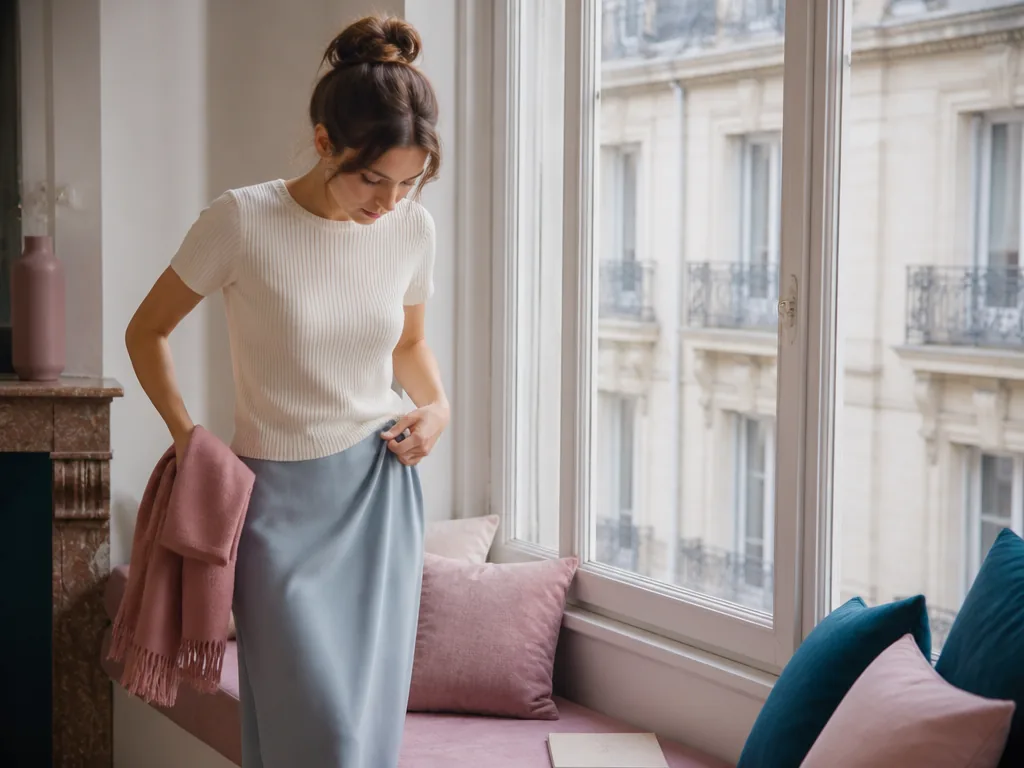 Une femme en manteau bleu glacier et écharpe blanche, tenue élégante inspirée d'Elsa
